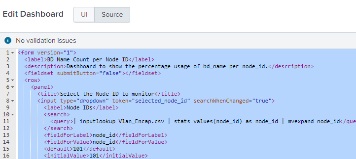 Dashboard XML source code